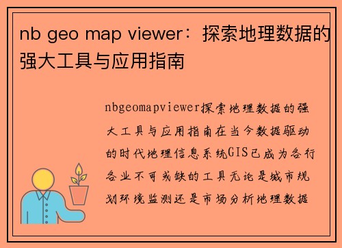 nb geo map viewer：探索地理数据的强大工具与应用指南